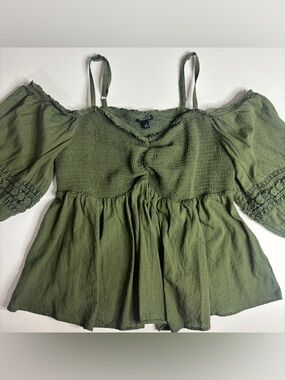Torrid Boho Smocked Peasant Top Size 3X Olive Green Off Shoulder Cottagecore